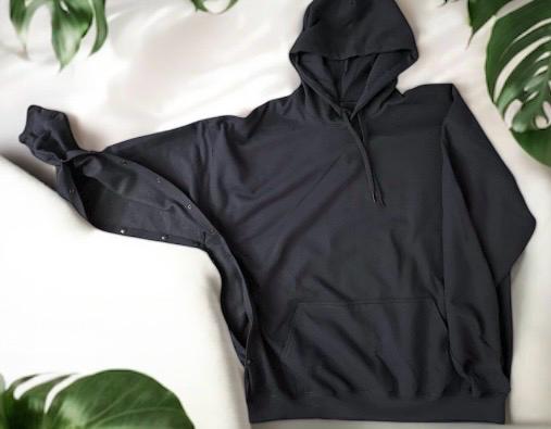 BOTH ARMS Modified; Ideal if both arms are injured or, you will be having surgery on both shoulders. Adaptive Navy Hoodie: Post-Surgery One-Handed Snap Sweatshirt