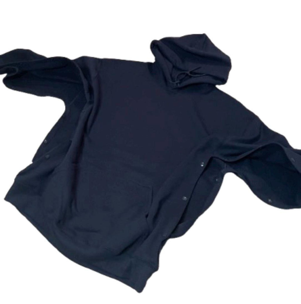BOTH ARMS Modified; Ideal if both arms are injured or, you will be having surgery on both shoulders. Adaptive Navy Hoodie: Post-Surgery One-Handed Snap Sweatshirt