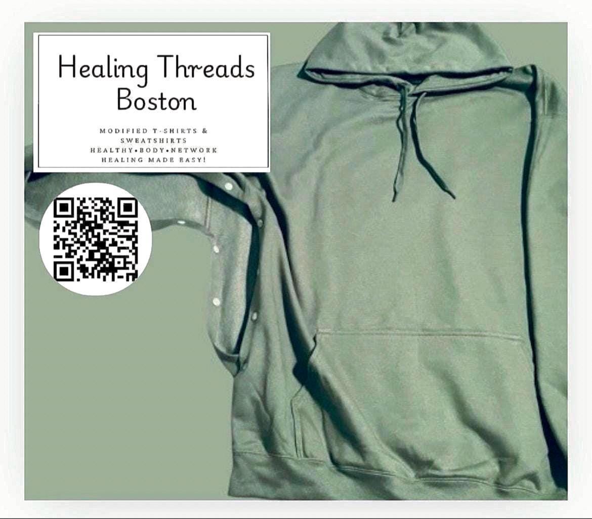 BOTH ARMS modified; Ideal if your are having surgery on both shoulders - Adaptive Military Green Hoodie: Post-Surgery One-Handed Snap Sweatshirt
