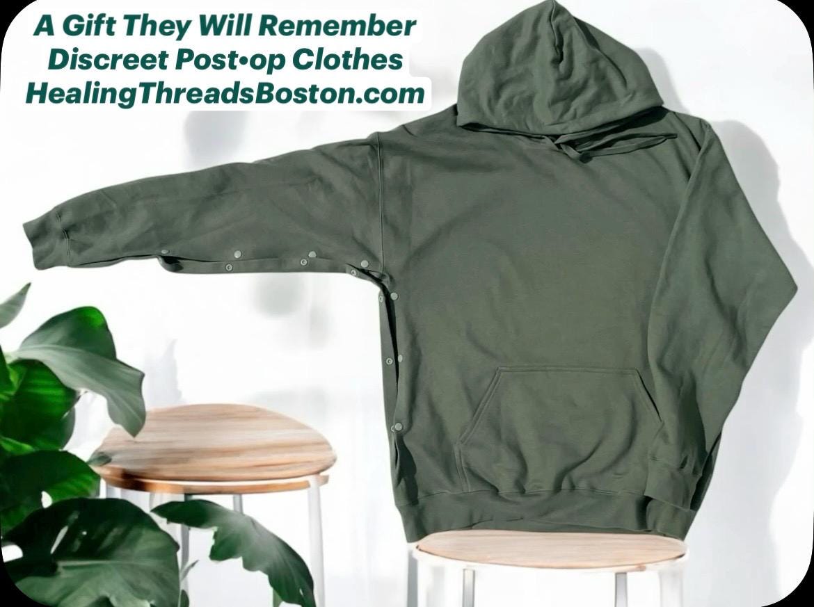 Wrist-or-Hand Surgery Hoodie with Arm FULLY CUT including WRIST •  Indicated for surgery on wrist or hand, when not able to get wrist through cuff of sweatshirt