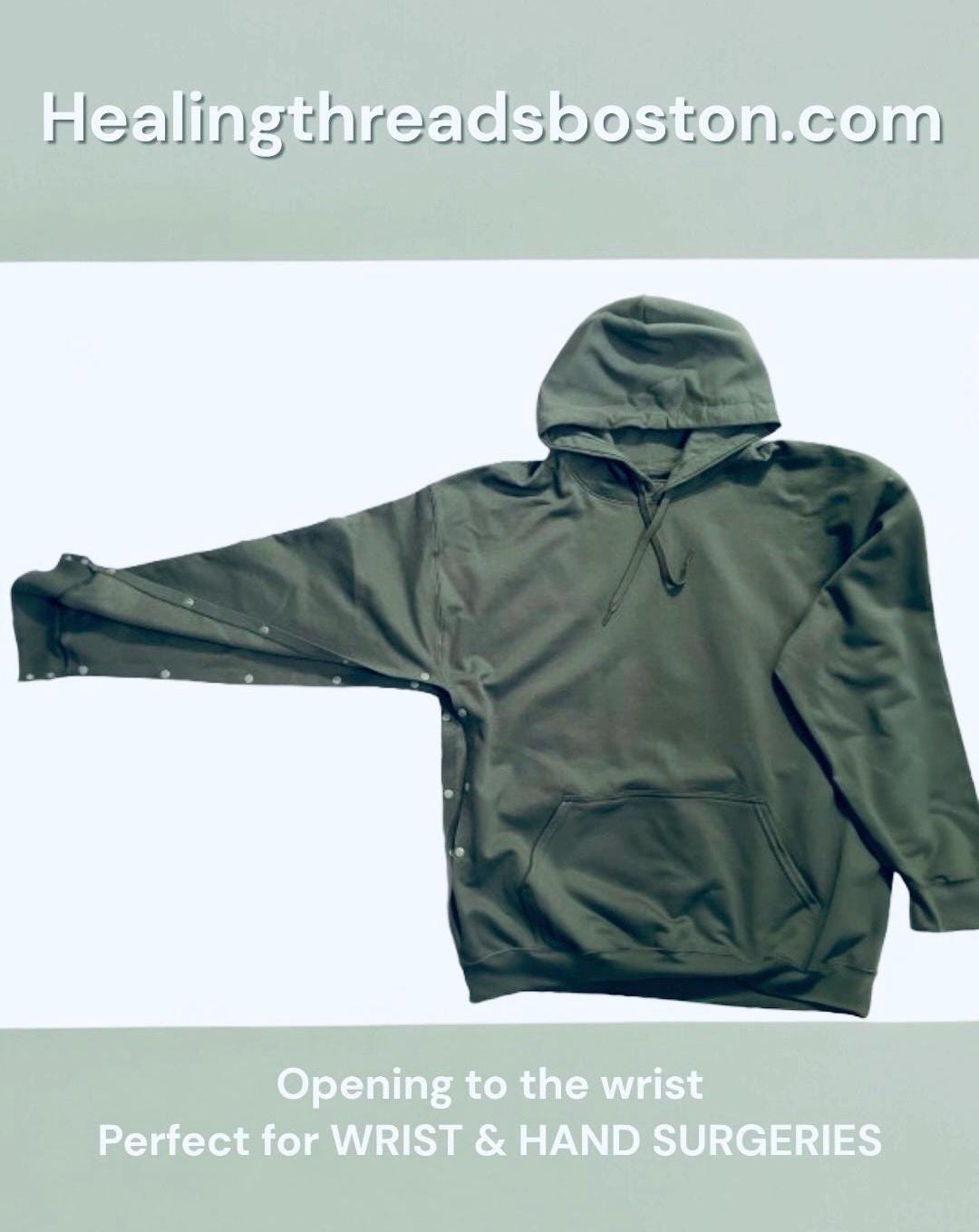 Wrist-or-Hand Surgery Hoodie with Arm FULLY CUT including WRIST •  Indicated for surgery on wrist or hand, when not able to get wrist through cuff of sweatshirt