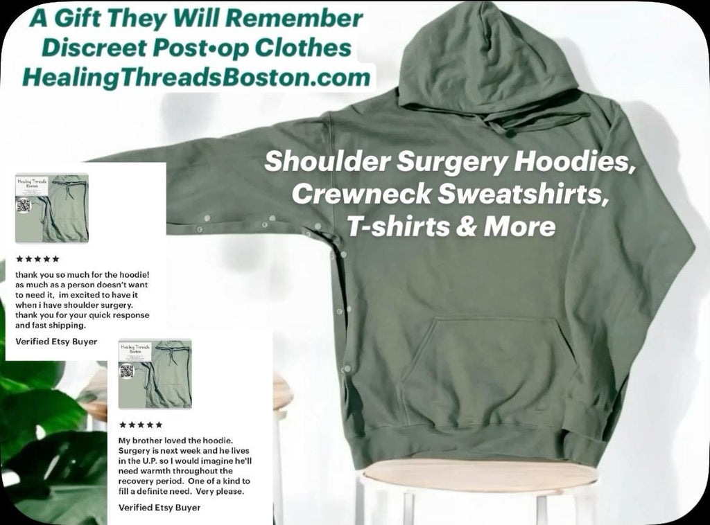 Wrist-or-Hand Surgery Hoodie with Arm FULLY CUT including WRIST •  Indicated for surgery on wrist or hand, when not able to get wrist through cuff of sweatshirt